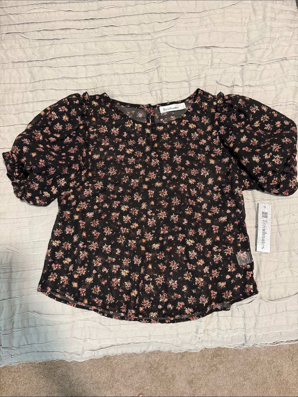 Black Floral Puff-Sleeve Blouse XL